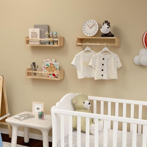 15 Inches Nursery Bookshelves, Floating Kids Bookshelves for Wall Set of 2, Baby Room Wall Decor, Wall Mounted Wood Shelves for Books, Toys and Wall Storage - Rustic Brown in Saudi Arabia