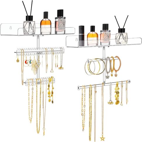 2 Pcs Acrylic Hanging Wall Mounted Jewelry Organizer with Floating Shelf Necklace Holder Stand Jewelry Stand Organizer Earring Ring Holder Display Jewelry Hooks for Necklace Bracelet Ring in Saudi Arabia