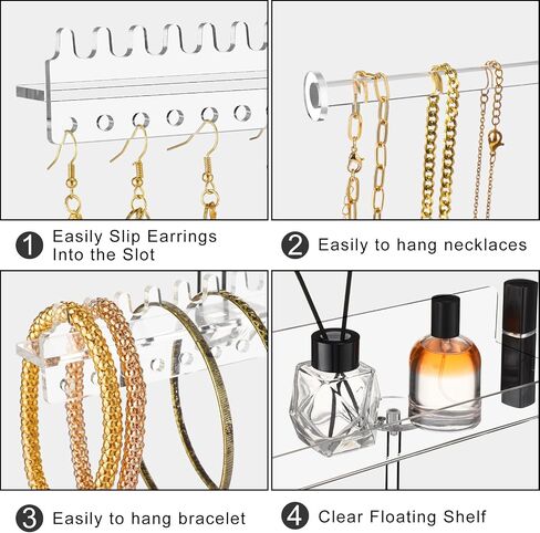 2 Pcs Acrylic Hanging Wall Mounted Jewelry Organizer with Floating Shelf Necklace Holder Stand Jewelry Stand Organizer Earring Ring Holder Display Jewelry Hooks for Necklace Bracelet Ring in Saudi Arabia