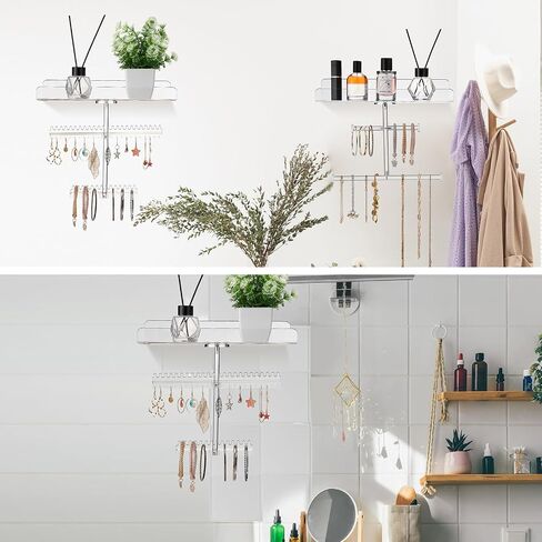 2 Pcs Acrylic Hanging Wall Mounted Jewelry Organizer with Floating Shelf Necklace Holder Stand Jewelry Stand Organizer Earring Ring Holder Display Jewelry Hooks for Necklace Bracelet Ring in Saudi Arabia