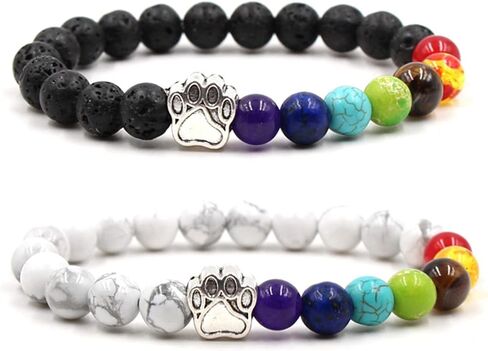 2Pcs 7 Chakra Lava Rock Dog Paw Beaded Bracelet Set for Women Girl Teen Men Boy Natural Stone Tiger Eye Essential Oil Diffuser Stretchy Bracelet Yoga Meditation Healing Jewelry Gift in Saudi Arabia