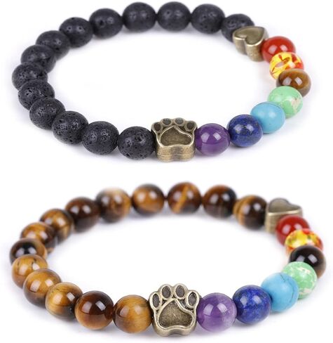 2Pcs 7 Chakra Lava Rock Dog Paw Beaded Bracelet Set for Women Girl Teen Men Boy Natural Stone Tiger Eye Essential Oil Diffuser Stretchy Bracelet Yoga Meditation Healing Jewelry Gift in Saudi Arabia
