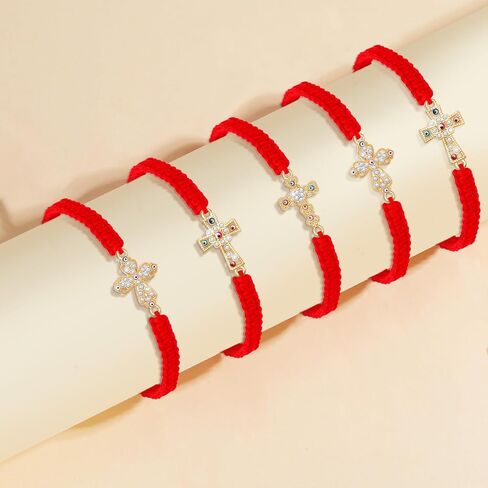 6 Pieces Rhinestone Evil Eye Cross Bracelets Catholic San Benito Bracelet Handmade Braided Adjustable Red String Rope Bracelets Mexican Jewelry for Women Teens Girls in Saudi Arabia
