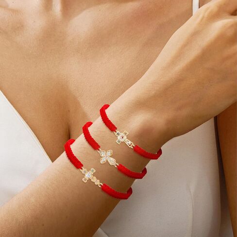 6 Pieces Rhinestone Evil Eye Cross Bracelets Catholic San Benito Bracelet Handmade Braided Adjustable Red String Rope Bracelets Mexican Jewelry for Women Teens Girls in Saudi Arabia