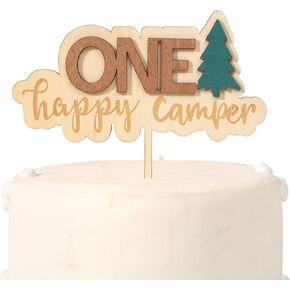 One Happy Camper Cake Topper - Wood 1st Birthday Cake Topper,Camping 1st Birthday Party Decorations,Camping Outdoors Woodland Theme Cake Topper
