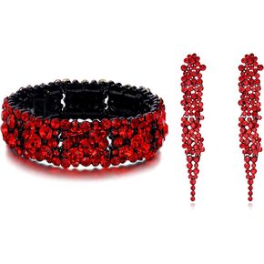 EVER FAITH Women's Round Austrian Crystal Bridal Art Deco Stretch Bracelet Statement Long Chandelier Dangle Earring Set Red Black-Tone