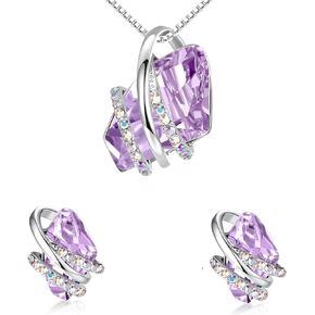 Leafael Wish Stone Necklace and Stud Earrings Jewelry Set for Women, June Birthstone Alexandrite Light Purple Crystal Jewelry, Silver Tone Gifts for Women