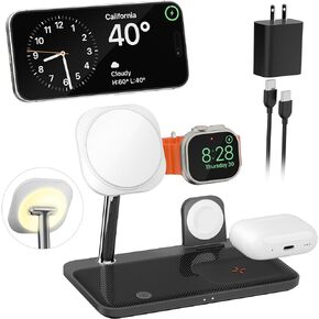 4 in 1 Wireless Charging Station for Multiple Devices, Fast Mag-Safe Charger for iPhone 12/13/14/15 Series&Airpods Pro&Apple Watch Series/Ultra/SE, Magnetic Charger Stand with Night-Lamp