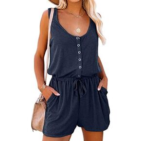 Women's Summer Sleeveless Romper Casual Crew Neck Button Waist Tie with Drawstring Tank Top Jumpsuit with Pocket(L-Dark Blue)