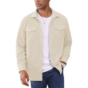 EKLENTSON Men's Corduroy Jackets Button Up Shirt Long Sleeve Ribbed Shacket Lightweight Shirt Jacket with Chest Pockets