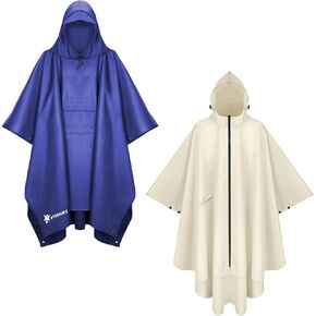 PTEROMY Hooded Rain Poncho with Pocket(Blue)+Hooded Rain Poncho with Pocket and Zipper(Beige)