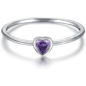 Simple Heart Birthstone Ring for Women Girls 925 Sterling Silver Stackable Promise Ring with Colorful Cubic Zirconia Minimalist Jewelry Gift