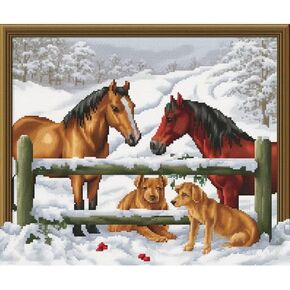 14 CT Cross Stitch Kits for Beginners Farm Horse Printed Stamped Cross-Stitch Supplies Needlework Printed Embroidery Kits DIY Kits Needlepoint Starter Kits 51×42cm