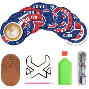 8 Pcs Baseball Diamond Art Coasters Kits with Holder, Diamond Painting Coaster Kits DIY Crafts for Adults Diamond Art Painting Kits Supplies for Chicago Gift