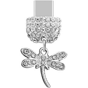 ELISE & FONDA TP259 Type-C USB Charging Port Crystal Anti Dust Plug Little Dragonfly Cell Phone Charm for Samsung/Huawei/OnePlus/Xiaomi/oppo Android Phones (White)