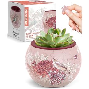 3D Puzzle Planter - Singing Birds and Flowers - Small Round Plant Pots with Drainage, Home Decor Flower Pots for Indoor Cactus, Succulents Pots [K1100]
