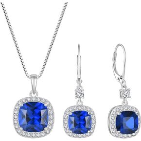 Princess Cut Jewelry Set for Women 925 Sterling Silver Sapphire September Birthstone Necklace Halo Dangle Drop Leverback Earrings Jewelry Gifts for Her