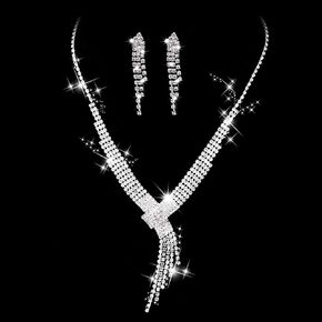 Unicra Bride Silver Necklace Earrings Set Crystal Bridal Wedding Jewelry Sets Rhinestone Bridesmaid Party Choker Necklace Drop Dangle Earrings Set for Women and Girls (Silver-1)