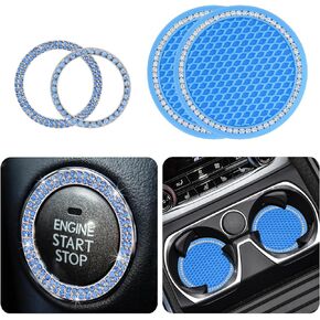 4 PCS Car Cup Coasters and Engine Start Button Cover Set,Pink Rhinestone Car Accessories,Car Coasters for Cup Holder & Single or Double Row Start Stop Button Cover,Crystal Bling Car Interior for Women