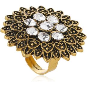 Boho Blossom Flower Statement Ring for Women Girls Round CZ Cluster Vintage Oxidized Love Heart Shaped Petal Leaf Open Wrap Finger Rings Adjustable Comfort Fit Indian Bollywood Holiday Dress Accessories Jewelry