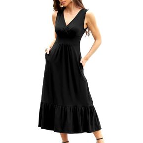 Womens Dresses Summer Wrap V Neck Sleeveless Empire Waist Maxi Dress Ruffle Hem A-Line Flowy Long Dresses 2024