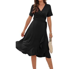 WINDMILL Women V-Neck Wrap Dress Short Sleeve Tie Waist Midi Flowy Beach Summer Dresses