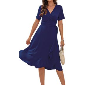 WINDMILL Women V-Neck Wrap Dress Short Sleeve Tie Waist Midi Flowy Beach Summer Dresses