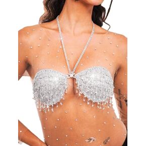 REETAN Rhinestone Sparkle Bra Tops Crystal Tassel Crop Tops Sequins Bikini Dance Tops for Women and Girls