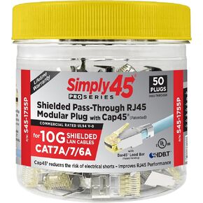 ProSeries Pass-Through RJ45 Mod Plug - Shielded External Ground for 23AWG Solid, FPE Insulated 10G STP LAN Cables (Cat7a/7/6a) - Yellow, 50-Piece Jar - S45-1755P