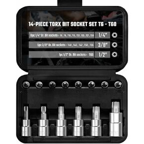 Torx Bit Socket Set,1/4", 3/8" and 1/2" Drive, 14-piece Star T6 - T60 Set, S2 Steel and CR-V, with Storage Case.
