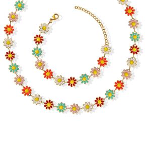 Daisy Necklace Bracelet Set for Women Colorful Daisy Choker Necklace Adjustable Daisy Bracelet Flower Necklace and Bracelet Daisy Jewelry Gifts for Girls
