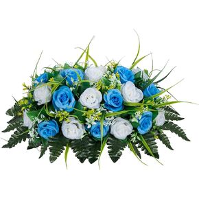 Artificial Cemetery Flowers – Grave Decorations, Cemetery Flowers for Grave Vase, Artificial Rose, Silk Flowers for Long-Lasting Remembrance(Dark Blue+White, 2 bouquets)