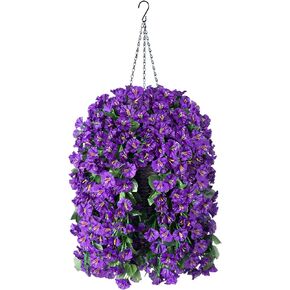 Artificial Fake Hanging Flowers Plants Basket for Outdoor Spring Decoration, Faux Silk Fuchsia Morning Glory Long Stems in Planter UV Resistant Look Real for Outside Porch Patio Balcony Home
