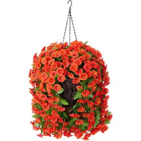 Artificial Fake Hanging Flowers Plants Basket for Outdoor Spring Decoration, Faux Silk Fuchsia Morning Glory Long Stems in Planter UV Resistant Look Real for Outside Porch Patio Balcony Home