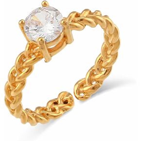 18K Gold Plated Stainless Steel Chunky Cubic Zirconia Statement Rings for Women Girls, Minimalist Green White Pink Amethyst Zirconia Twisted Texture Band Stack Rings