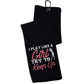 Golf Towel Women's Golf Towel Funny Golf Towel Gift for Her I Know I Play Like A So Try to Keep Up Golf Towel with Clip (Try to Keep Up)