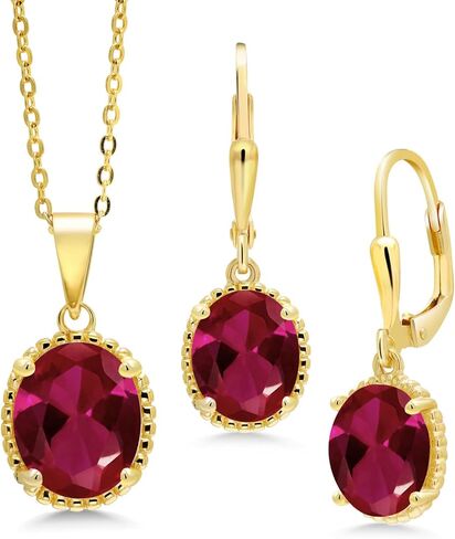Gem Stone King 18K Yellow Gold Plated Silver Oval Red Created Ruby Pendant and Earrings Jewelry Set For Women (8.00 Cttw, with 18 Inch Chain) in Saudi Arabia