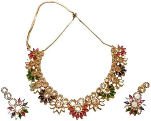 Latest Stylish Fancy Choker With Floral Design Traditional Necklace Jewellery Set for Women, Regular, neck-01 in Saudi Arabia