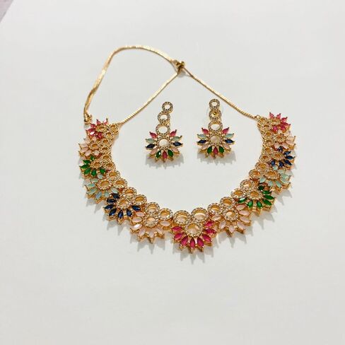 Latest Stylish Fancy Choker With Floral Design Traditional Necklace Jewellery Set for Women, Regular, neck-01 in Saudi Arabia