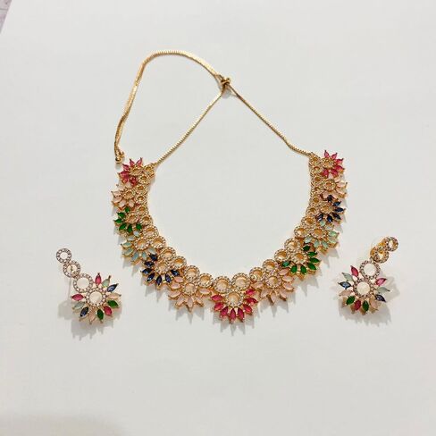 Latest Stylish Fancy Choker With Floral Design Traditional Necklace Jewellery Set for Women, Regular, neck-01 in Saudi Arabia