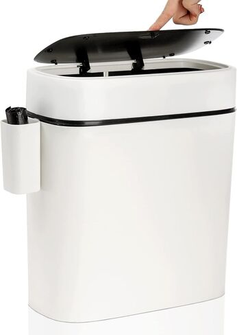 سلة مهملات نحيفة مع غطاء ضغط، سلة مهملات الحمام سعة 14 لتر/3.7 جالون مع حامل أكياس القمامة، سلة إعادة تدوير حاوية سلة المهملات الضيقة لغرفة النوم والمطبخ والمكتب in Kuwait