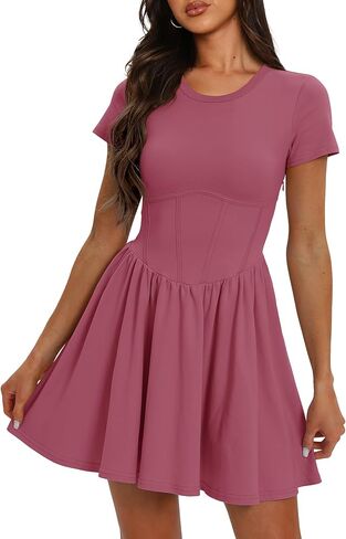 Darong فساتين نسائية صيفية برقبة دائرية وأكمام قصيرة على شكل حرف A مع خصر متدلي مطوي سوينغ تي شيرت فستان قصير فساتين صغيرة in Kuwait