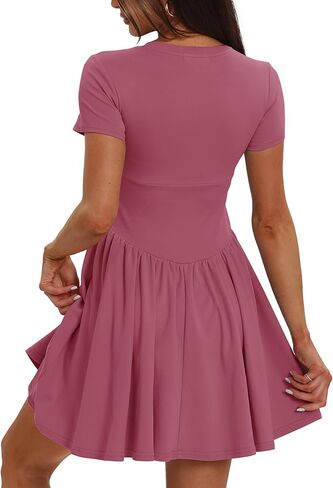 Darong فساتين نسائية صيفية برقبة دائرية وأكمام قصيرة على شكل حرف A مع خصر متدلي مطوي سوينغ تي شيرت فستان قصير فساتين صغيرة in Kuwait