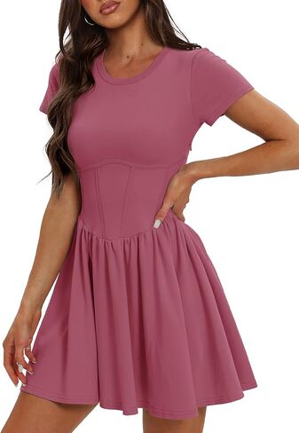 Darong فساتين نسائية صيفية برقبة دائرية وأكمام قصيرة على شكل حرف A مع خصر متدلي مطوي سوينغ تي شيرت فستان قصير فساتين صغيرة in Kuwait