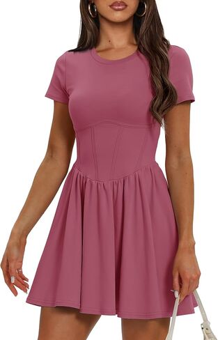 Darong فساتين نسائية صيفية برقبة دائرية وأكمام قصيرة على شكل حرف A مع خصر متدلي مطوي سوينغ تي شيرت فستان قصير فساتين صغيرة in Kuwait