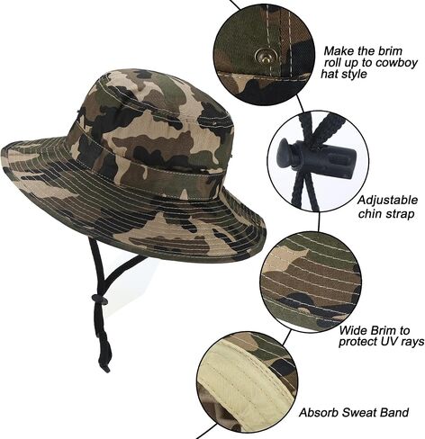 Kids Camouflage Sun Hat - UPF 50+ Wide Brim Breathable Fishing Hat Foldable Boys Boonie Hat Camo Bucket Hats for Hiking Camp in Saudi Arabia