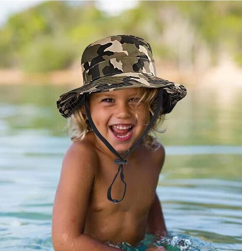 Kids Camouflage Sun Hat - UPF 50+ Wide Brim Breathable Fishing Hat Foldable Boys Boonie Hat Camo Bucket Hats for Hiking Camp in Saudi Arabia