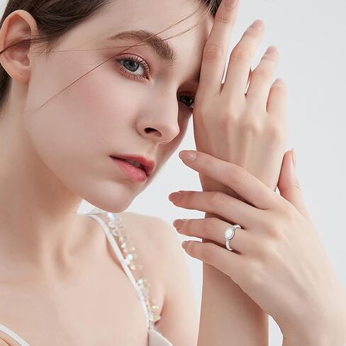 خاتم أوبال من الفضة الإسترليني للنساء والفتيات في عيد الأم والزفاف والخطوبة باللون الأبيض الدائري البيضاوي الدائري in Kuwait