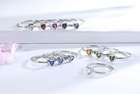 Simple Heart Birthstone Ring for Women Girls 925 Sterling Silver Stackable Promise Ring with Colorful Cubic Zirconia Minimalist Jewelry Gift in Saudi Arabia