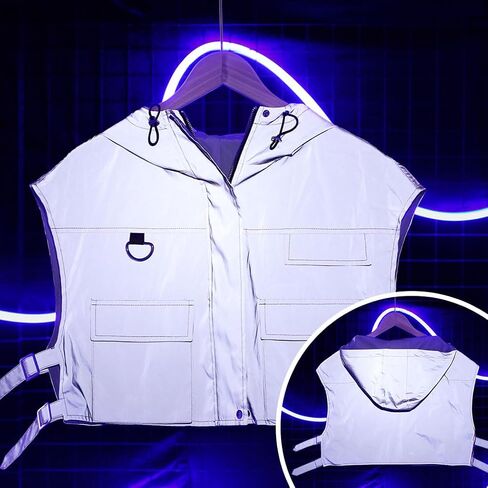 Edary Women's Rave Reflective Hooded Vest Sleeveless Disco Cropped Jackets Coat Night Club Waistcoat Jacket in Saudi Arabia